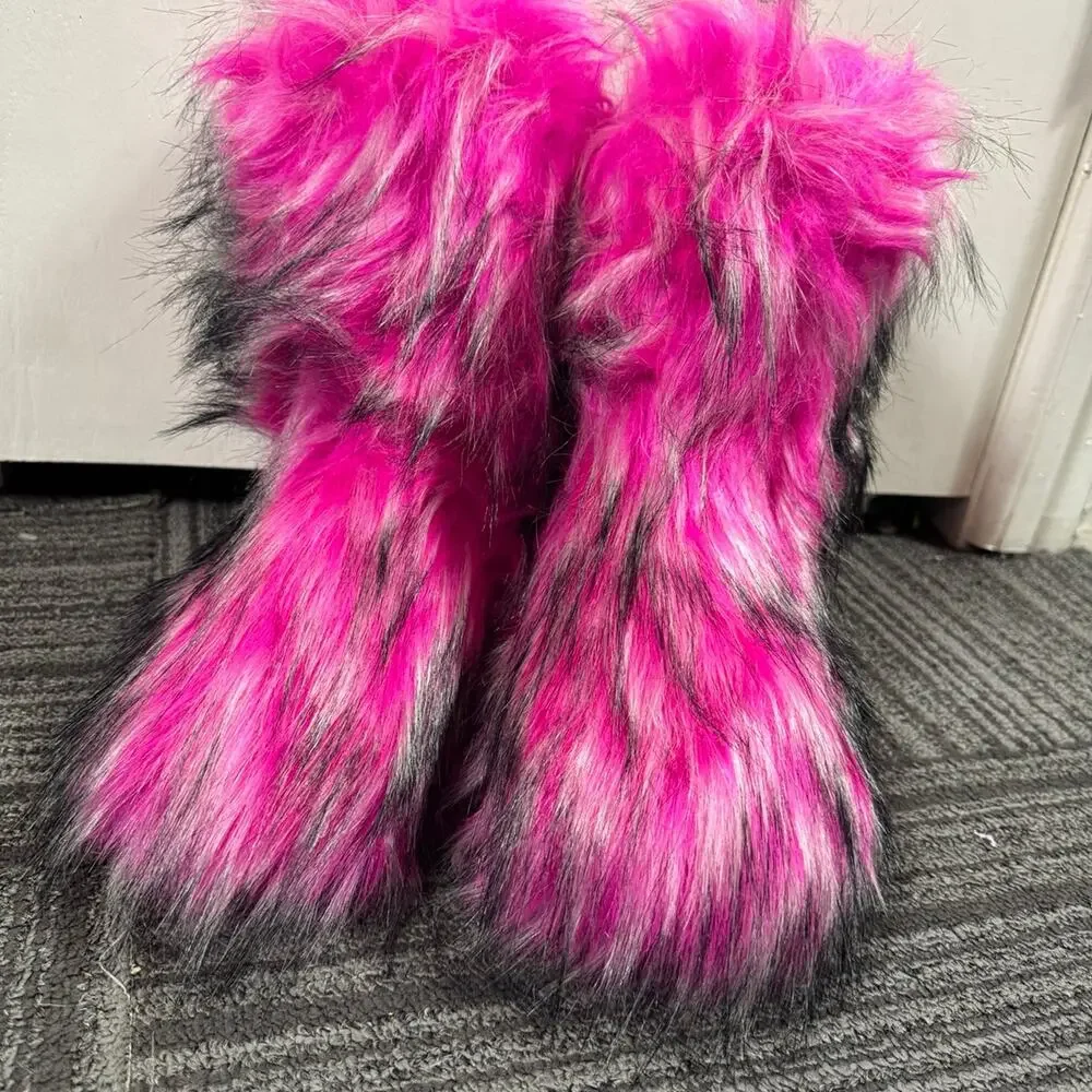 Women’s Hot Pink Faux Fur Boots Plush Winter Round Toe Furry Boots EU 39.5 New